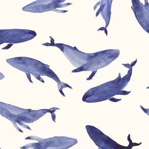 Whales indigo watercolor tossed large scale pattern
