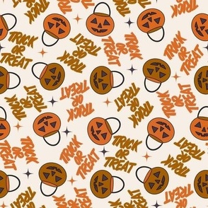 MEDIUM Trick or Treat Halloween fabric - boho cream light orange kids gender neutral 8in