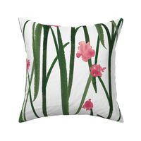 Hand Painted Green Grass With Pink Flowers Off White Large