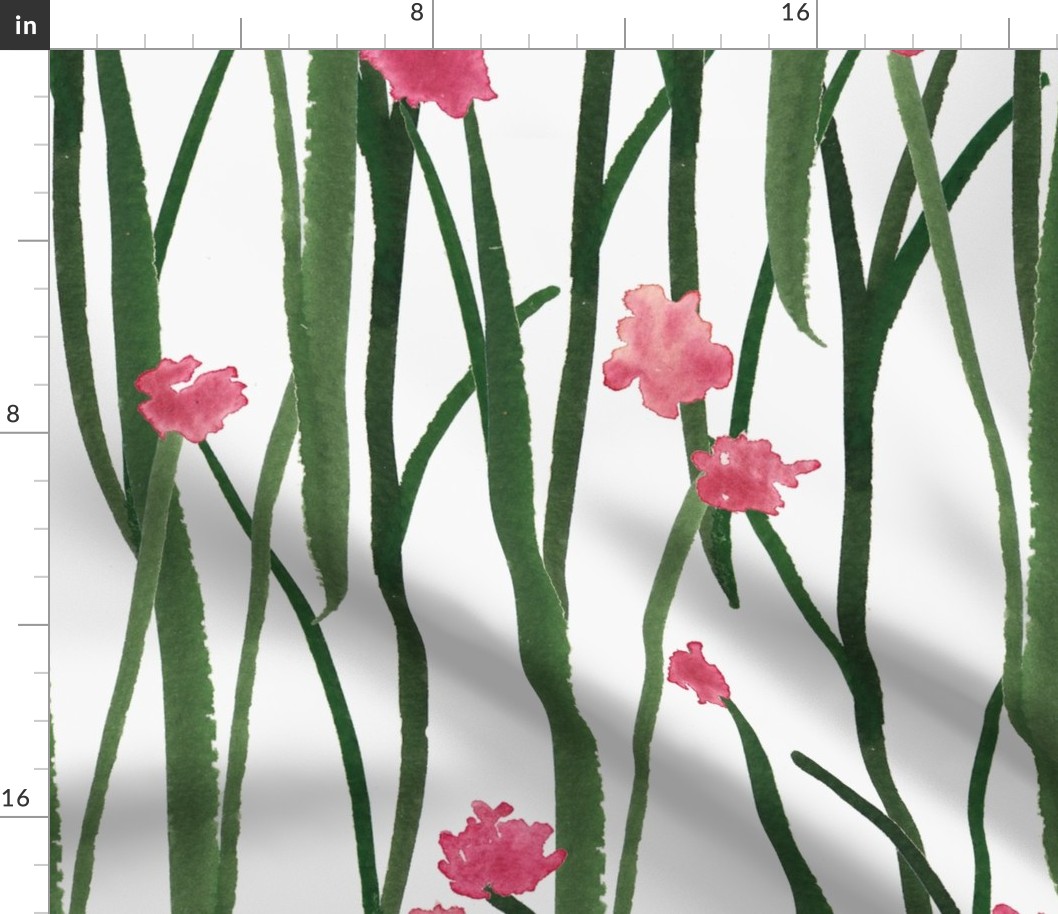 Hand Painted Green Grass With Pink Flowers Off White Large