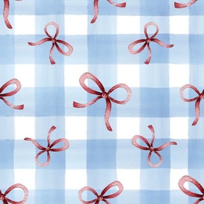 Bows on Soft Blue Stripes - Plaid, Check, Gingham - French Country - Rustic - Watercolor Hand Drawn