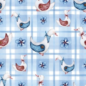 Geese and Flowers on Soft Blue Stripes - Plaid, Check, Gingham - French Country - Rustic - Watercolor Hand Drawn
