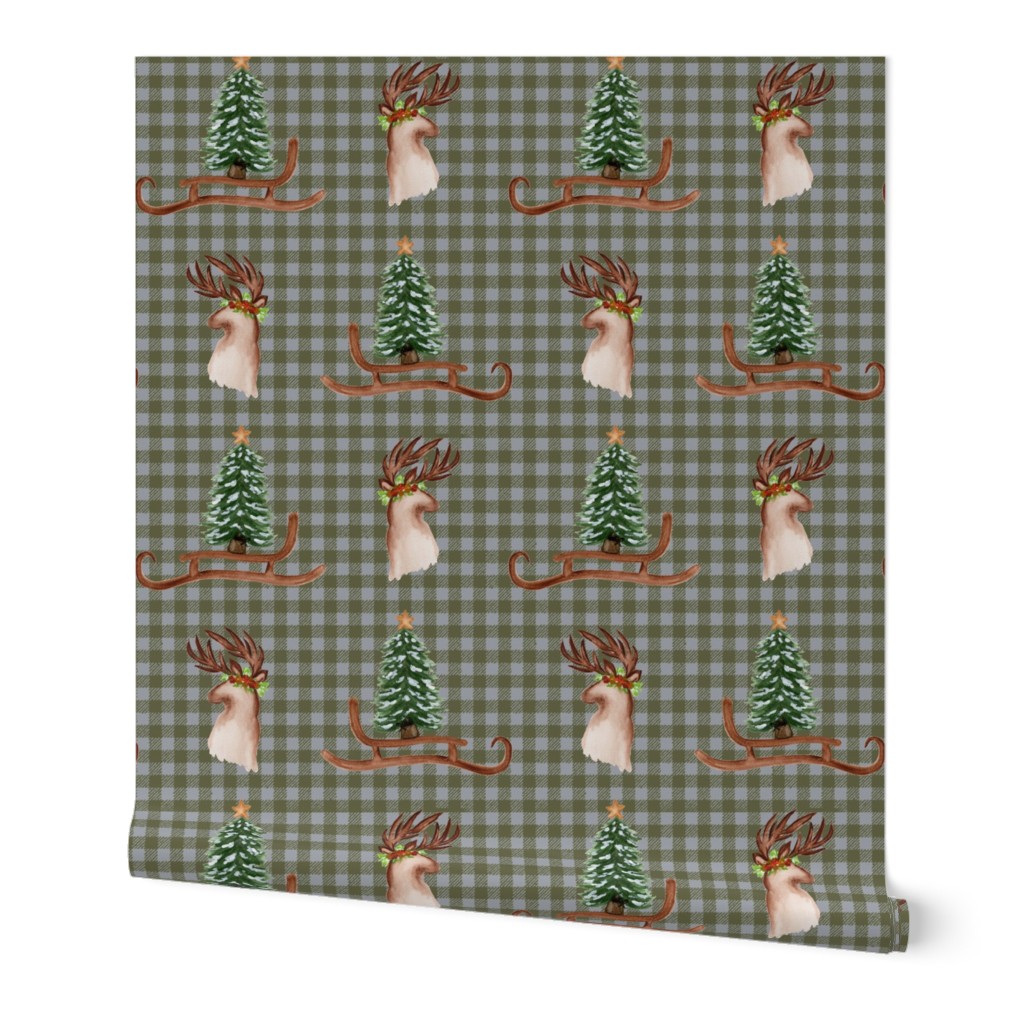 Cozy Winter Deer, Fawn, Christmas Tree Sled, Holidays Plaid - Olive Green Grey