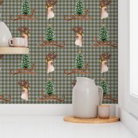 Cozy Winter Deer, Fawn, Christmas Tree Sled, Holidays Plaid - Olive Green Grey