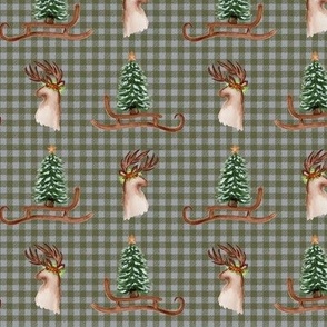 Cozy Winter Deer, Fawn, Christmas Tree Sled, Holidays Plaid - Olive Green Grey