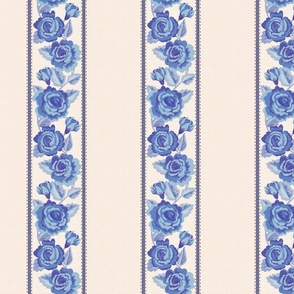 French blue roses on linen ticking Stripe - 7”