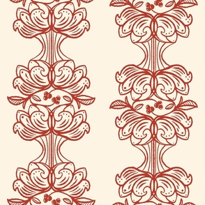 French Country Floral Stripes in Red on Cream large scale