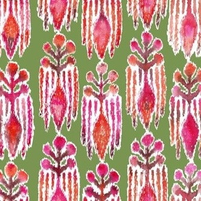 Ikat Botanical Watercolor Red on Olive 