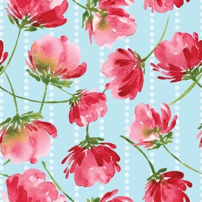 Medium Scale Tossed Loose Crimson Red Watercolor Florals on Baby Blue - Vertical Dotted Stripes