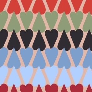 350 -  Large scale multicoloured overlapping denim blue, orange, red, dark charcoal grey and olive green hearts creating a pretty retro stripe effect, for kids apparel, children accessories m, modern wedding table linen, romantic valentine craft and patch