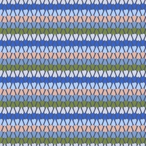 350 - Small scale multicoloured overlapping cobalt blue, sky blue, mid blue, grey, apricot, blush and olive green hearts creating a pretty retro stripe effect, for kids apparel, children accessories m, modern wedding table linen, romantic valentine craft 