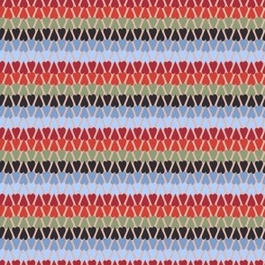 350 - Small scale multicoloured overlapping denim blue, orange, red, dark charcoal grey and olive green hearts creating a pretty retro stripe effect, for kids apparel, children accessories m, modern wedding table linen, romantic valentine craft and patchw