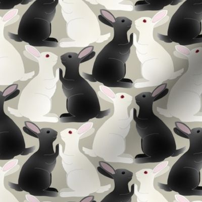 Black and White Bunny Rabbits Playing Pattycake on Beige