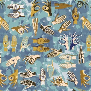Mystical Hands with Eyes - Gold, Yellow, White, and Blue on Textured Blue