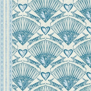 Blue French countryside rabbits and hearts banding stripe.