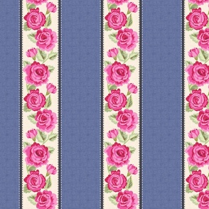 Pink Roses on Blue Denim Ticking Stripe - 7”