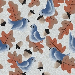 Blue Birds and Autumn Oak Leaves - Stipple & Cross Hatch Shading