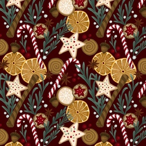 Holiday Treats // large scale  // dark red background
