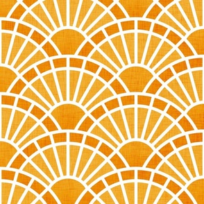 Serene Sunshine- 13 Marigold- Art Deco Wallpaper- Geometric Minimalist Monochromatic Scalloped Suns- Petal Cotton Solids Coordinate- Large- Bright Orange- Dopamine