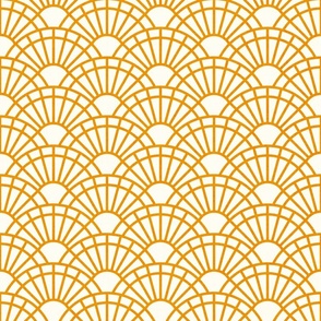 Serene Sunshine- 13 Marigold on Off White- Art Deco Wallpaper- Geometric Minimalist Monochromatic Scalloped Suns- Petal Cotton Solids Coordinate- Small- Bright Orange- Dopamine