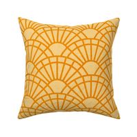 Serene Sunshine- 13 Marigold on Soft Orange- Art Deco Wallpaper- Geometric Minimalist Monochromatic Scalloped Suns- Petal Cotton Solids Coordinate- Medium- Bright Orange- Dopamine