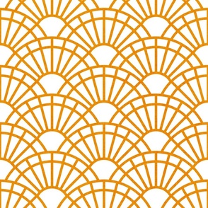 Serene Sunshine- 13 Marigold on White- Art Deco Wallpaper- Geometric Minimalist Monochromatic Scalloped Suns- Petal Cotton Solids Coordinate- Medium- Bright Orange- Dopamine
