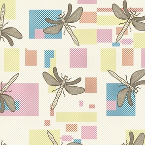 Embroiderd-pink-blue-yellow-French-table-linen-with-grey-beige-dragonflies-L-large-scale-for-bedding