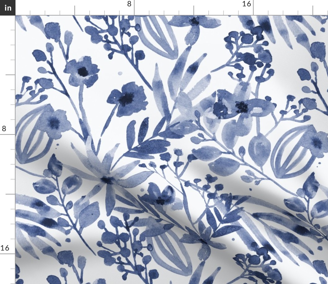 Blue Chinoiserie Watercolor Wildflowers French Country Pattern