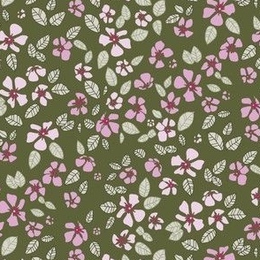 little ditsy pink and white florals on olive green - small