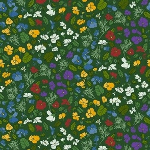 nature ditsy floral garden bed bright violas on dark green - small