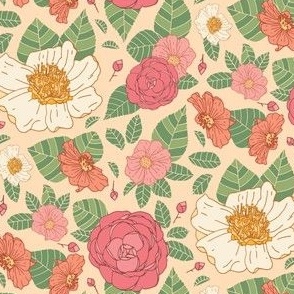botanical floral pink and white camellias on pale yellow - medium
