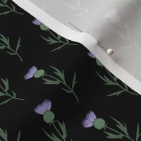 Flower night thistles summer garden colorful retro style lilac purple green on black