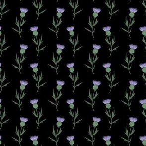 Flower night thistles summer garden colorful retro style lilac purple green on black