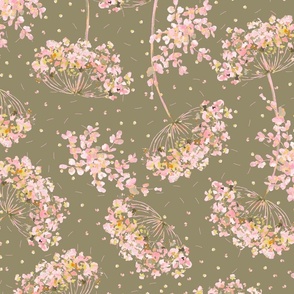 Pink Queen's Anne Lace Flowers | Whimsical flowers on olive green. French country table linen