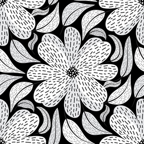 Stripey Flower - White + Pale Grey on Black (pattern)