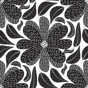 Stripey Flower - Black + Grey on White (pattern)
