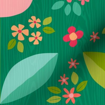 Hand Drawn Folk Art Floral with Woodgrain texture on Warm Green