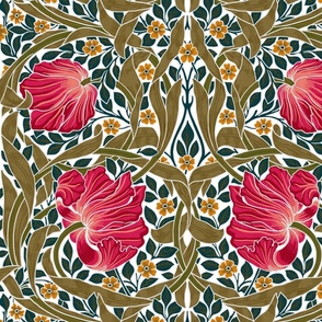 Pimpernel - LARGE - historic reconstructed damask wallpaper by William Morris -  autumnal teal sage and pink on red antiqued restored  reconstruction art nouveau art deco  - white  linen effect  