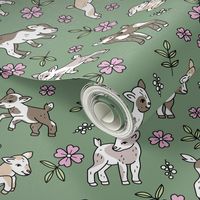 Cute baby goats - sweet farm animals flowers leaves and goat design spring summer pink on olive green 