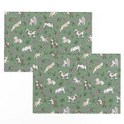 Cute baby goats - sweet farm animals flowers leaves and goat design spring summer pink on olive green 