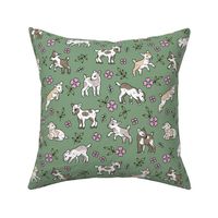 Cute baby goats - sweet farm animals flowers leaves and goat design spring summer pink on olive green 