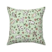 Cute baby goats - sweet farm animals flowers leaves and goat design spring summer blush pink jade on soft mint green 