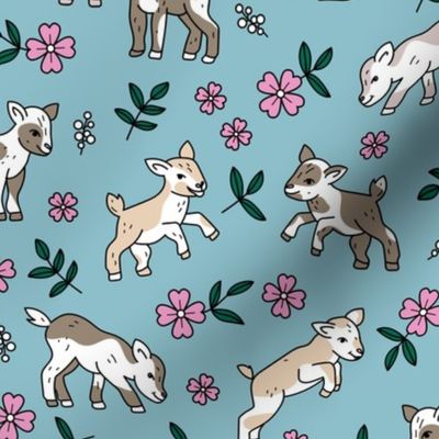 Cute baby goats - sweet farm animals flowers leaves and goat design spring summer pink green on moody blue 