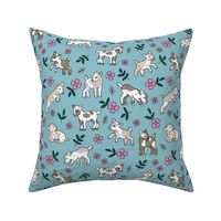 Cute baby goats - sweet farm animals flowers leaves and goat design spring summer pink green on moody blue 