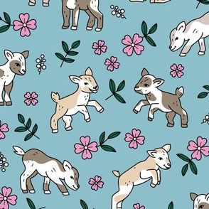 Cute baby goats - sweet farm animals flowers leaves and goat design spring summer pink green on moody blue 