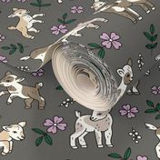 Cute baby goats - sweet farm animals flowers leaves and goat design spring summer lilac pine green on charcoal gray 