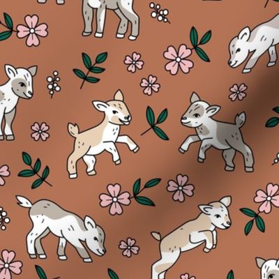 Cute baby goats - sweet farm animals flowers leaves and goat design spring summer pink green on burnt orange rust 