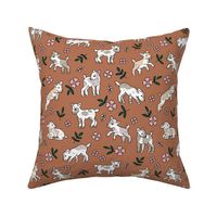 Cute baby goats - sweet farm animals flowers leaves and goat design spring summer pink green on burnt orange rust 