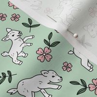 Adorable baby goats - sweet farm animals flowers leaves and goat design spring summer white pink green on mint 