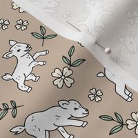 Adorable baby goats - sweet farm animals flowers leaves and goat design spring summer neutral vintage beige tan green white 